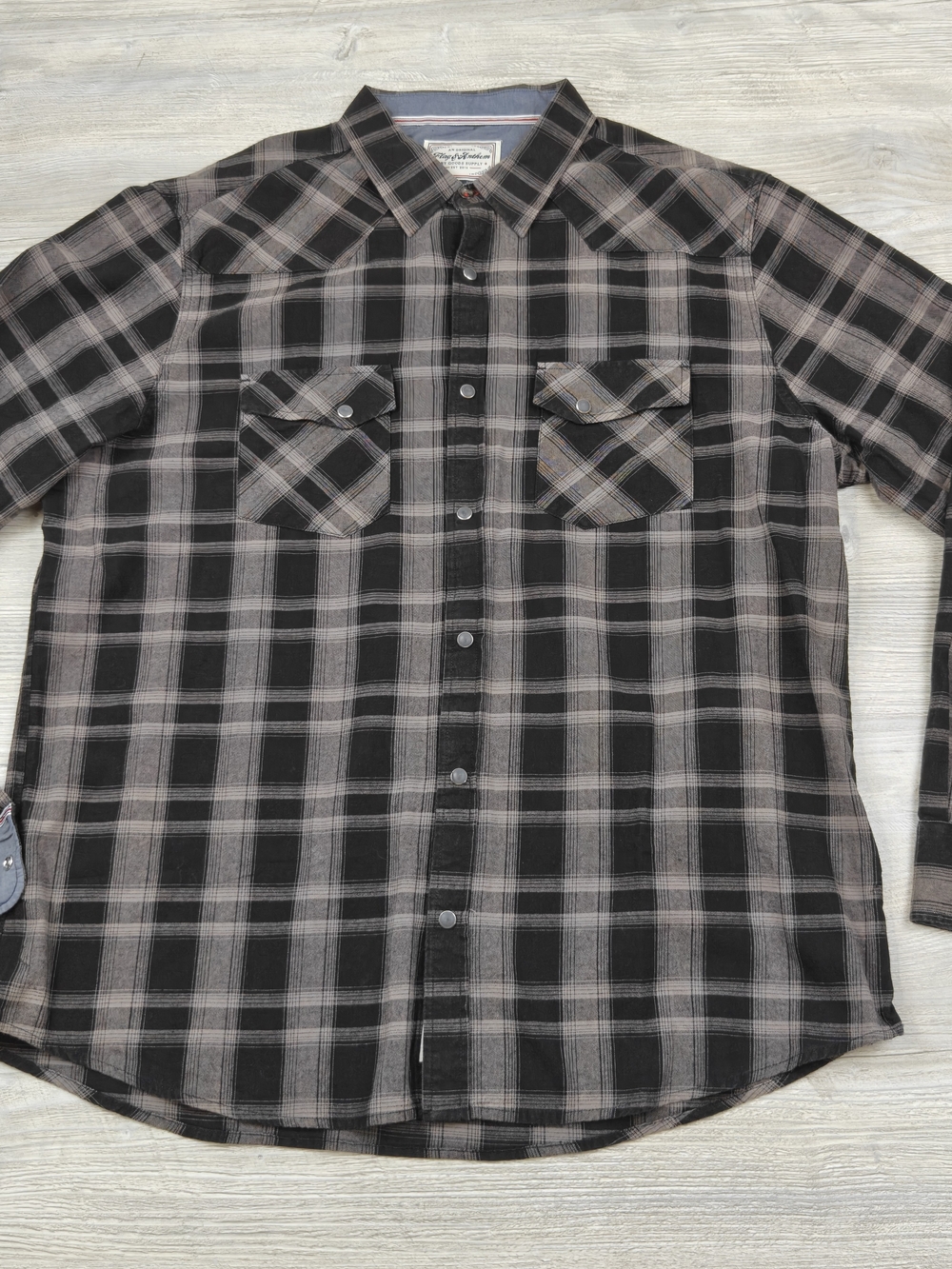 Flag & Anthem Mens XL Plaid Pearl Snap Western Shirt Long Sleeve Black Gray